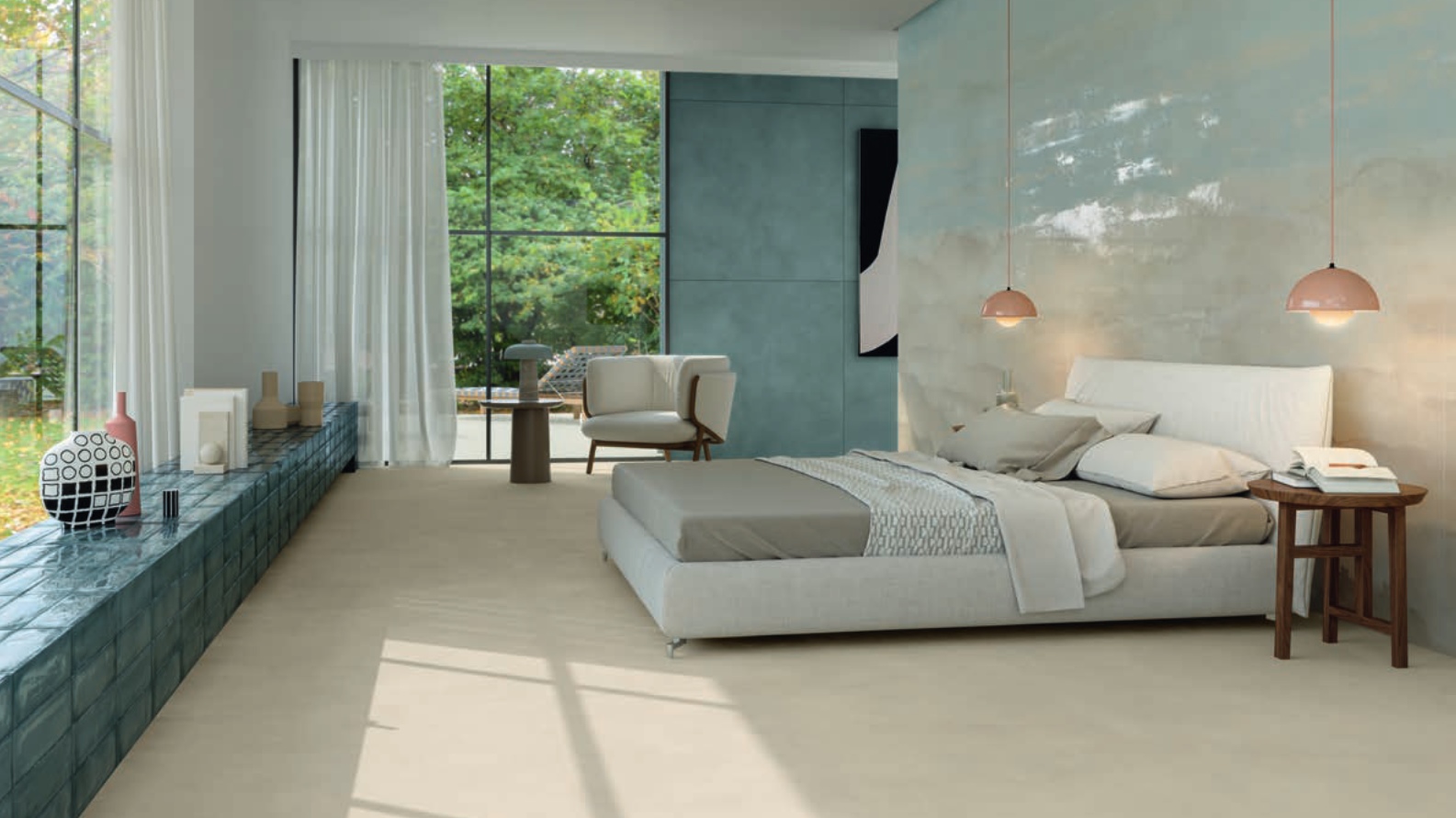 Aranżacja salonu. Płytka do salonu minimalistycznego Marca Corona Multiforme Dune Caolino.