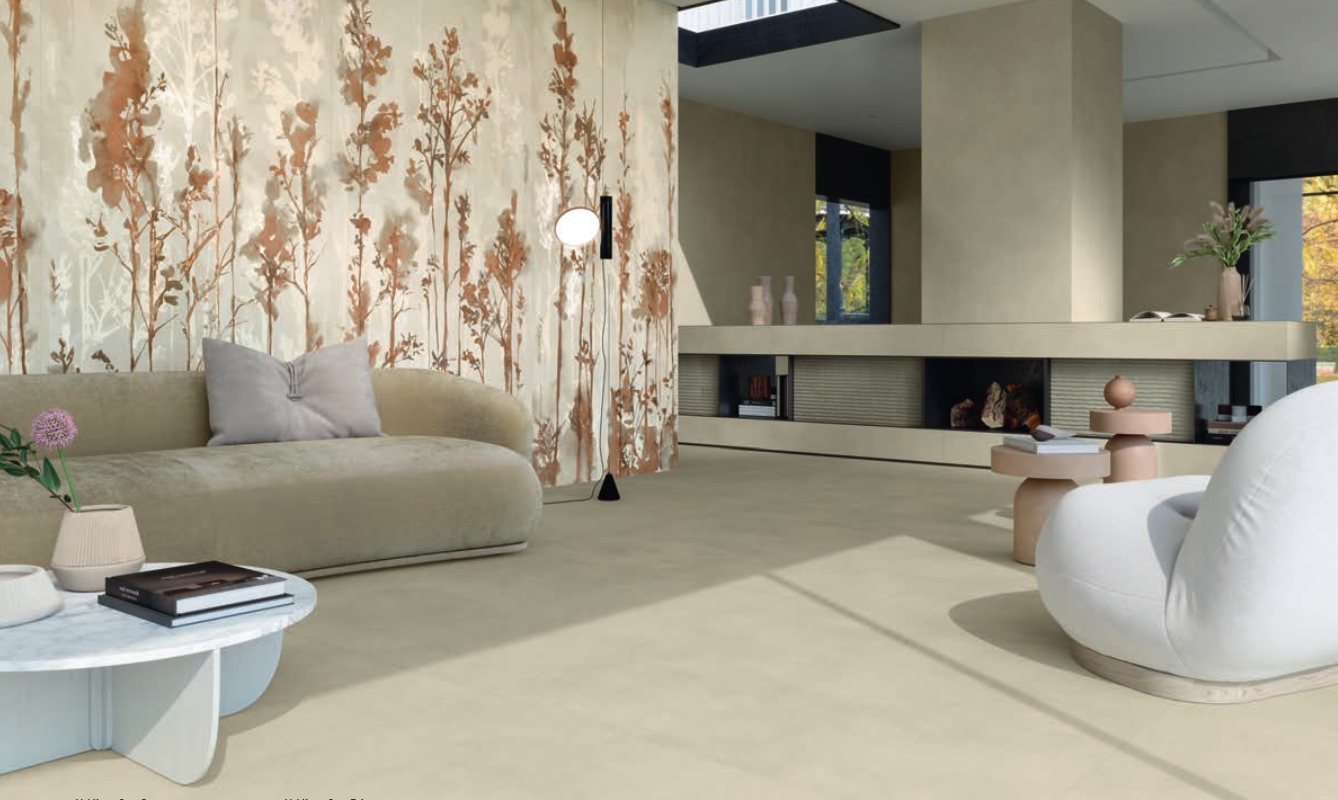 Aranżacja salonu. Płytka do salonu minimalistycznego Marca Corona Multiforme Dune Tufo.