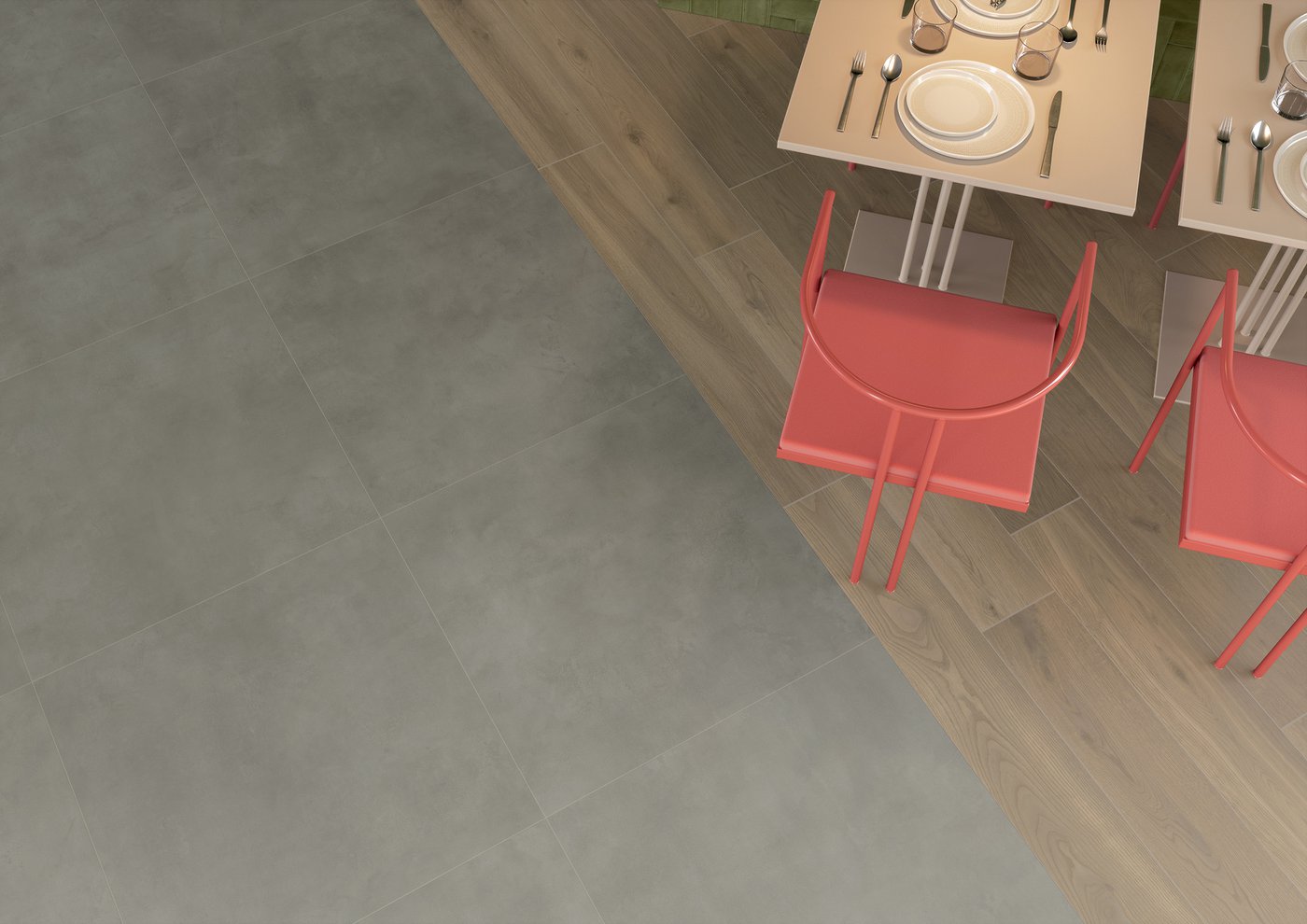 Aranżacja restauracji w szarości z kolorowymi cegiełkami Marca Corona Multiforme Malta