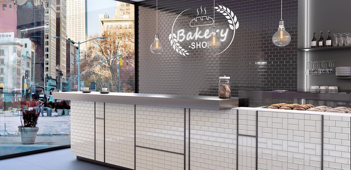 Vogue Twins WT Nero przykładowa aranżacja piekarni płytki ceramiczne, małe cegiełki 5x10 cm kolor czarny