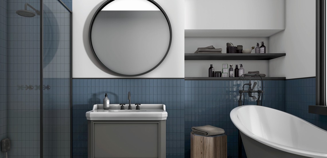 Vogue Twins WT Oceano przykładowa aranżacja płytki ceramiczne, małe cegiełki 5x10 cm kolor morski