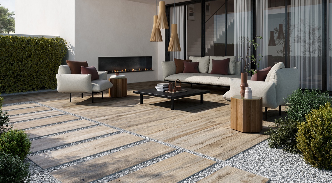 Płytki outdoorowe na tarasy w stylistyce drewna od Rondine Ceramica z serii Timless